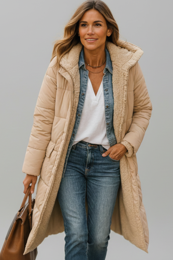 Women's Long Quilted Coat with Hood and Full Zip | Lined Winter Overcoat with Side Pockets | Size S-5XL