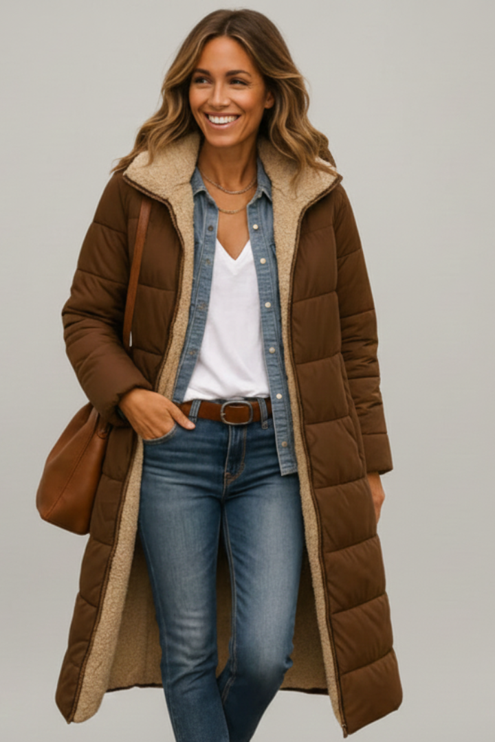 Women's Long Quilted Coat with Hood and Full Zip | Lined Winter Overcoat with Side Pockets | Size S-5XL