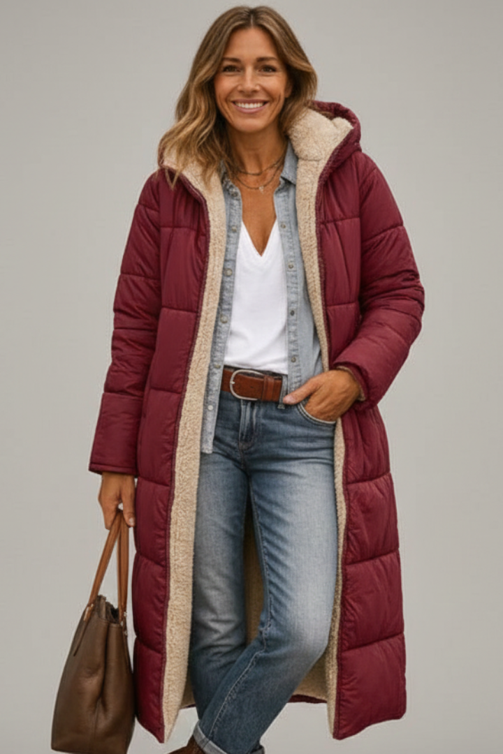 Women's Long Quilted Coat with Hood and Full Zip | Lined Winter Overcoat with Side Pockets | Size S-5XL