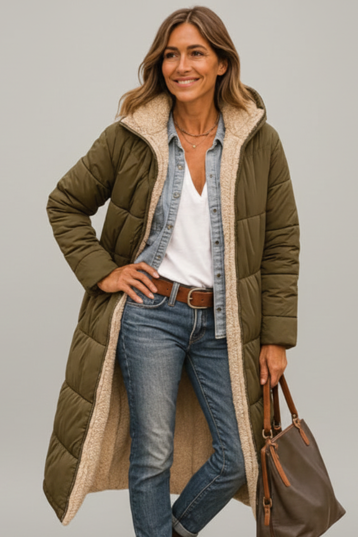 Women's Long Quilted Coat with Hood and Full Zip | Lined Winter Overcoat with Side Pockets | Size S-5XL
