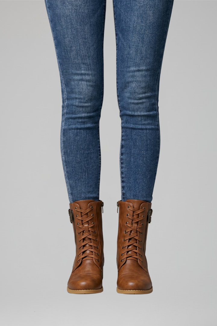 Women's Lace-Up Faux Leather Ankle Boots with Side Zip | Flat Low Heel, Buckle Detail, Round Toe | Size 5-11
