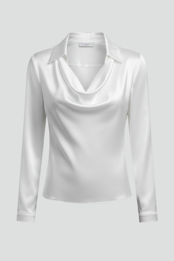 Women's Satin Blouse with Draped Collar and Long Sleeves | Open Neckline, Clean Line | Sizes XS to 3XL, 10 Colors