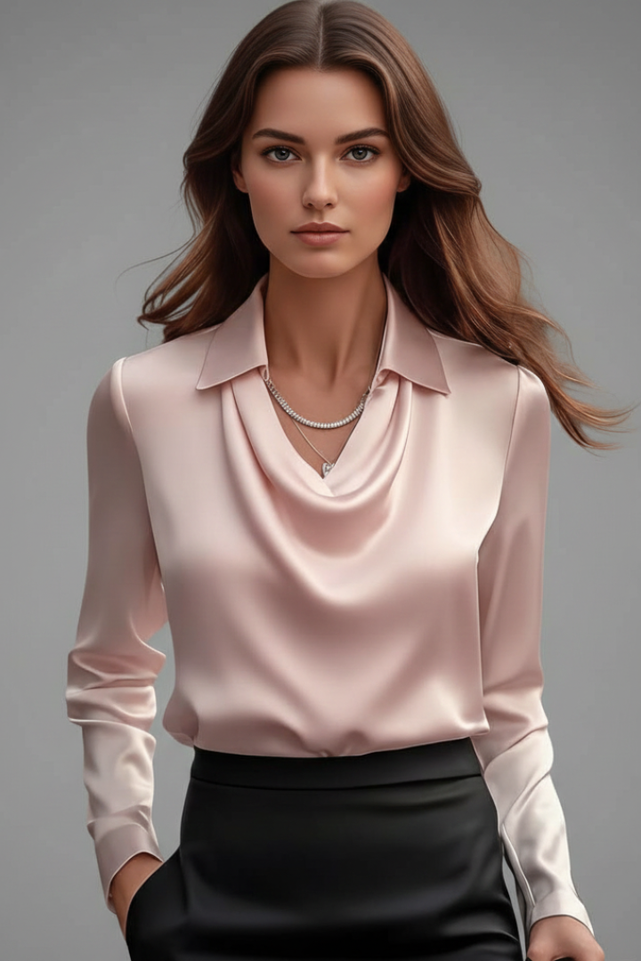 Women's Satin Blouse with Draped Collar and Long Sleeves | Open Neckline, Clean Line | Sizes XS to 3XL, 10 Colors