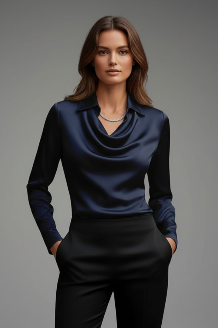 Women's Satin Blouse with Draped Collar and Long Sleeves | Open Neckline, Clean Line | Sizes XS to 3XL, 10 Colors