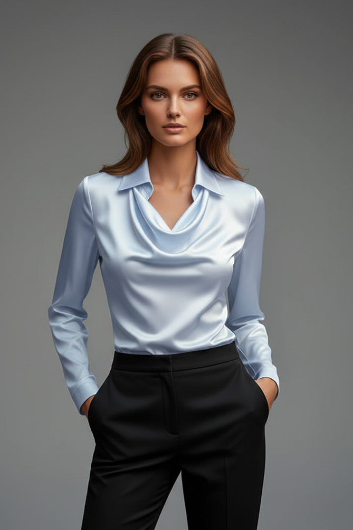Women's Satin Blouse with Draped Collar and Long Sleeves | Open Neckline, Clean Line | Sizes XS to 3XL, 10 Colors