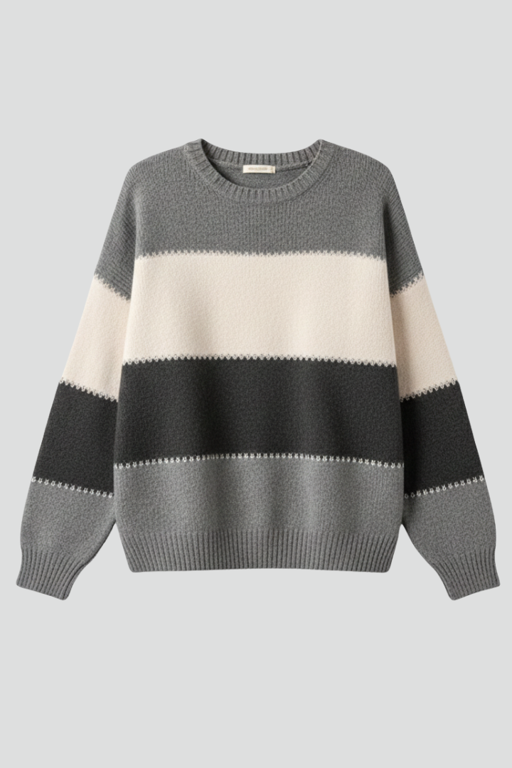 Women's Striped Crew Neck Sweater with Ribbed Cuffs | Textured Knit Pullover in Straight Cut | Size S-5XL
