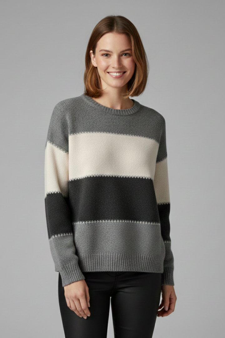 Women's Striped Crew Neck Sweater with Ribbed Cuffs | Textured Knit Pullover in Straight Cut | Size S-5XL