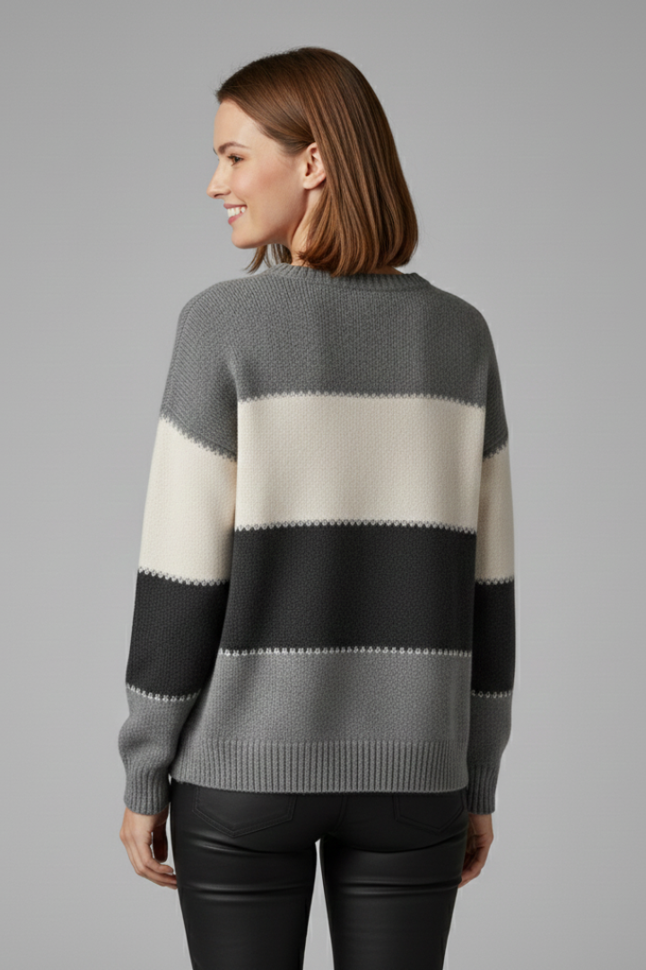 Women's Striped Crew Neck Sweater with Ribbed Cuffs | Textured Knit Pullover in Straight Cut | Size S-5XL