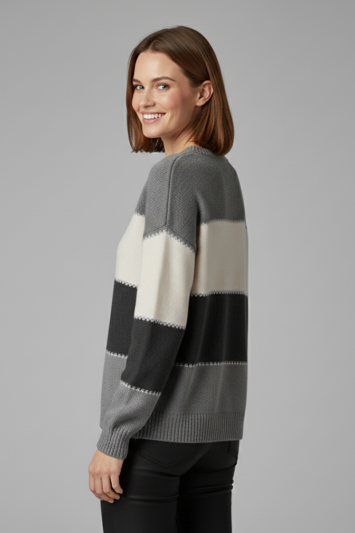 Women's Striped Crew Neck Sweater with Ribbed Cuffs | Textured Knit Pullover in Straight Cut | Size S-5XL
