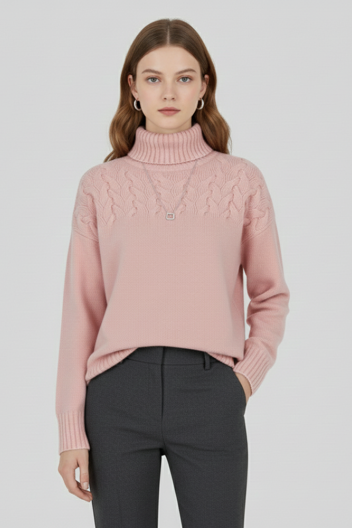 Women's Cable Knit Turtleneck Sweater with Ribbed Hem and Cuffs | Long Sleeve Textured Pullover | Size S-5XL