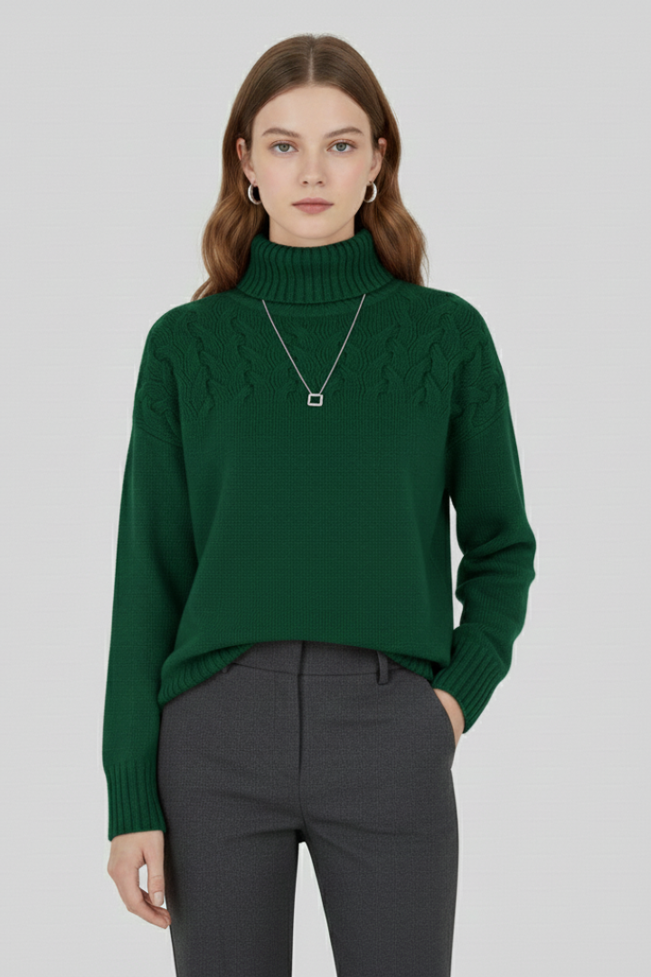 Women's Cable Knit Turtleneck Sweater with Ribbed Hem and Cuffs | Long Sleeve Textured Pullover | Size S-5XL