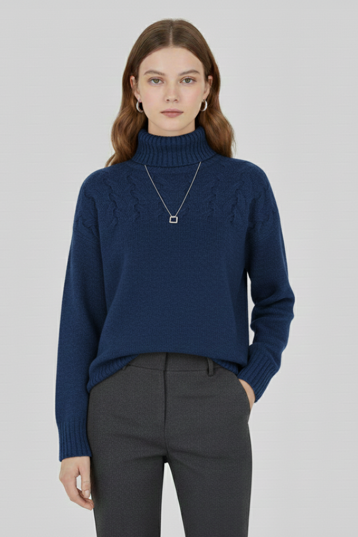 Women's Cable Knit Turtleneck Sweater with Ribbed Hem and Cuffs | Long Sleeve Textured Pullover | Size S-5XL