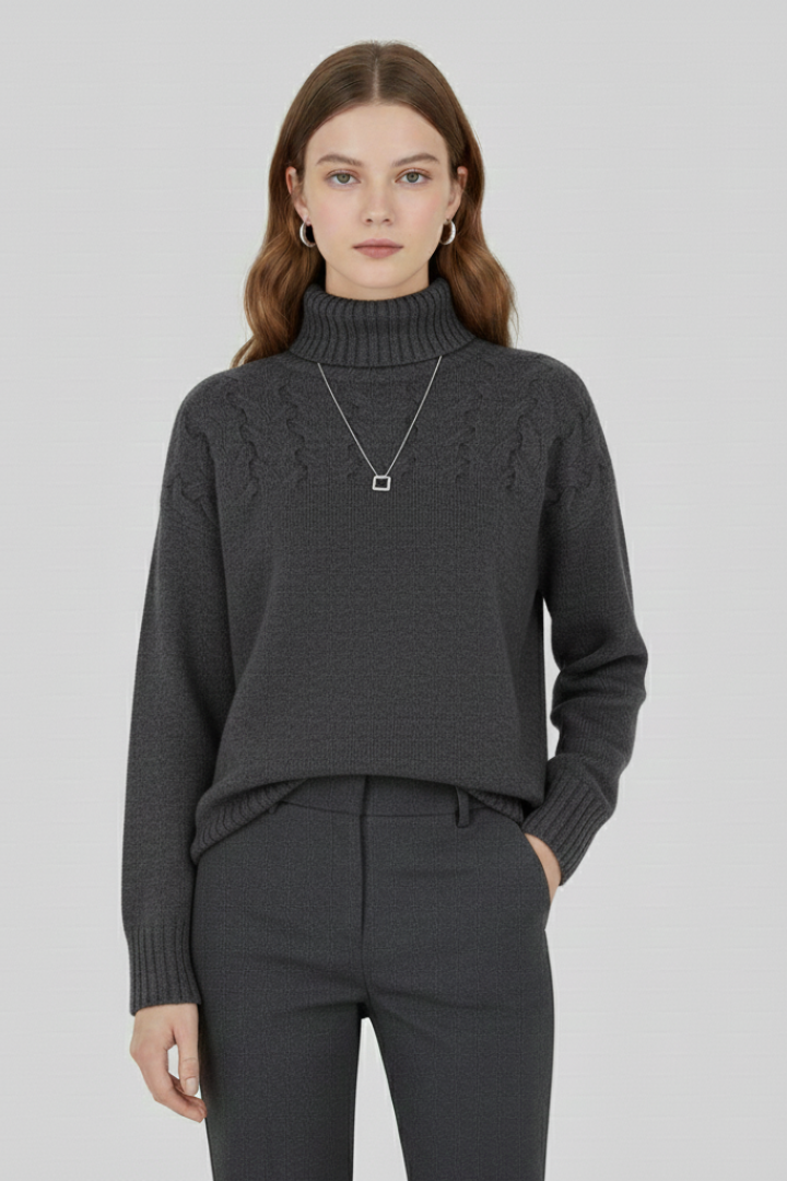 Women's Cable Knit Turtleneck Sweater with Ribbed Hem and Cuffs | Long Sleeve Textured Pullover | Size S-5XL