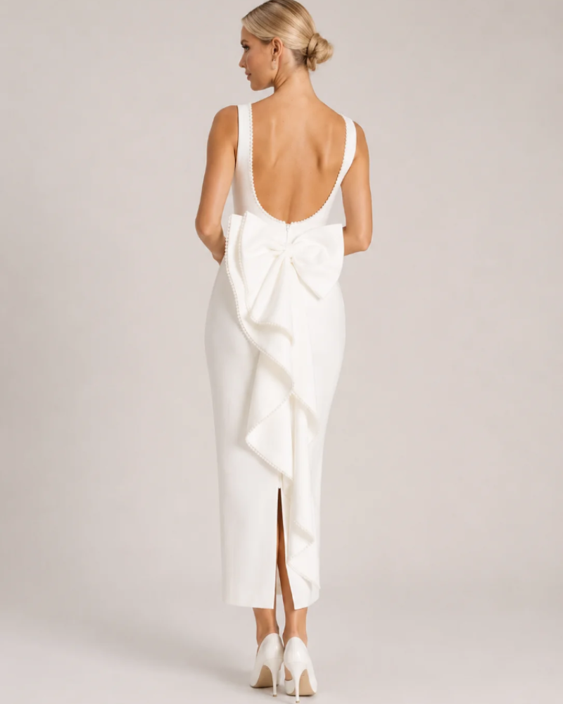 Women's Sleeveless Maxi Dress with Open Back | Floor Length Column Cut for Ceremonies | Sizes XS to 3XL, White