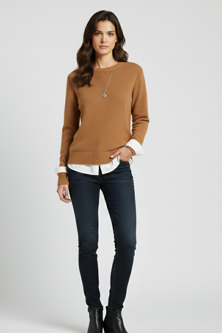 Women's Crew Neck Knit Pullover Sweater with Ribbed Cuffs and Hem | Plain Long Sleeve Knitwear | Size S-3XL