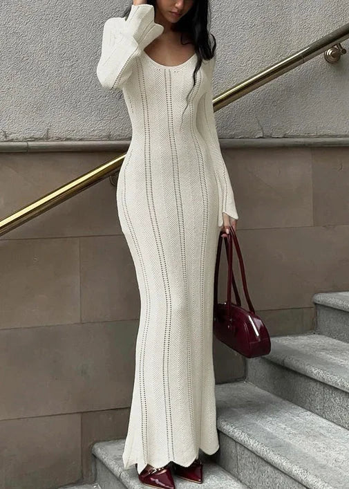 Women's Maxi Knit Dress with Open Stitch Panels | Scoop Neck Bodycon Shape, Long Sleeves | Sizes S-XL in White