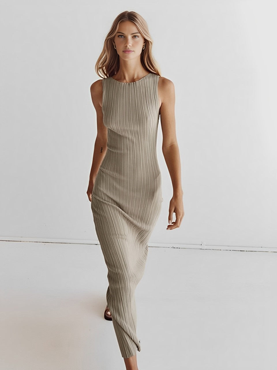 Women's Ribbed Maxi Dress in Fine Knit | High Round Neck, Sleeveless Fitted Column, Side Slit | Sizes XS-L in Khaki