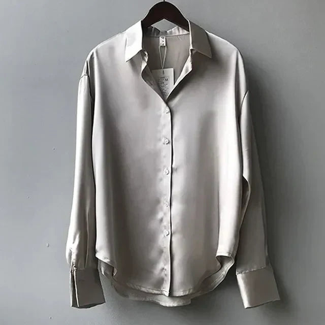Women's Fluid Satin Blouse with Structured Collar | Long Sleeve, Fitted Cuffs | Sizes S to 2XL, 3 Colors