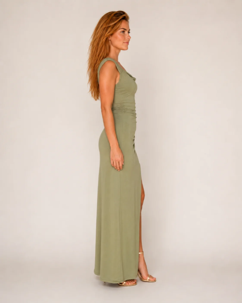 Women's Pleated Maxi Dress with High Slit | Draped Neckline, Fitted Through the Waist | Sizes XS to 3XL, Green