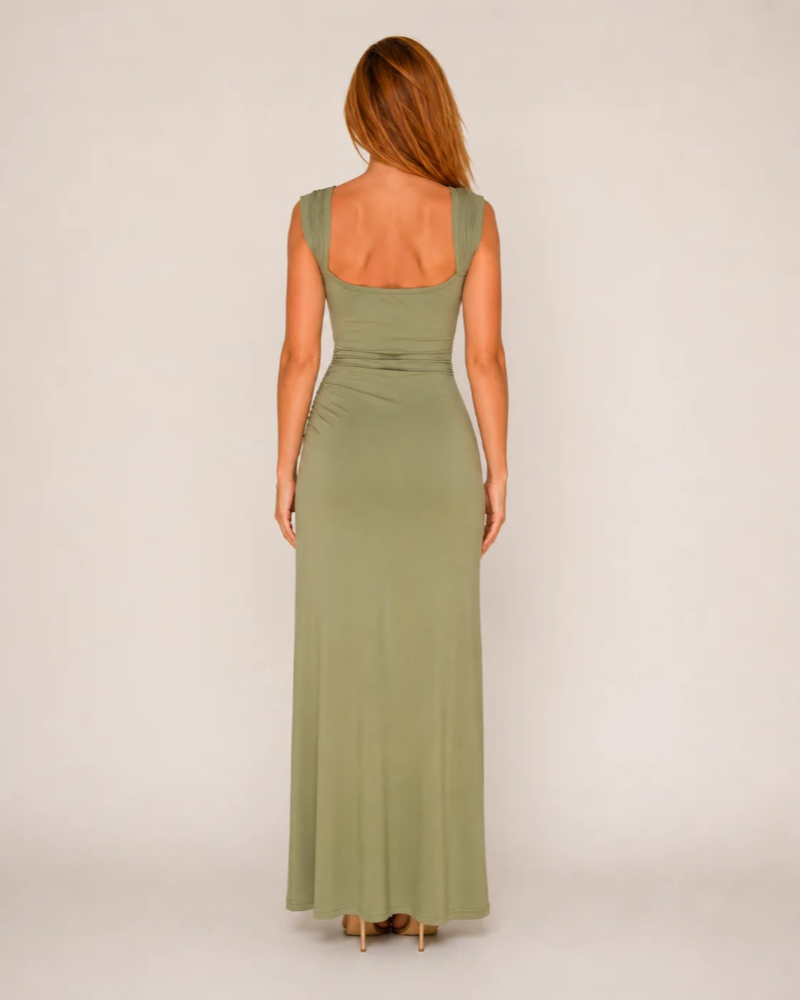 Women's Pleated Maxi Dress with High Slit | Draped Neckline, Fitted Through the Waist | Sizes XS to 3XL, Green