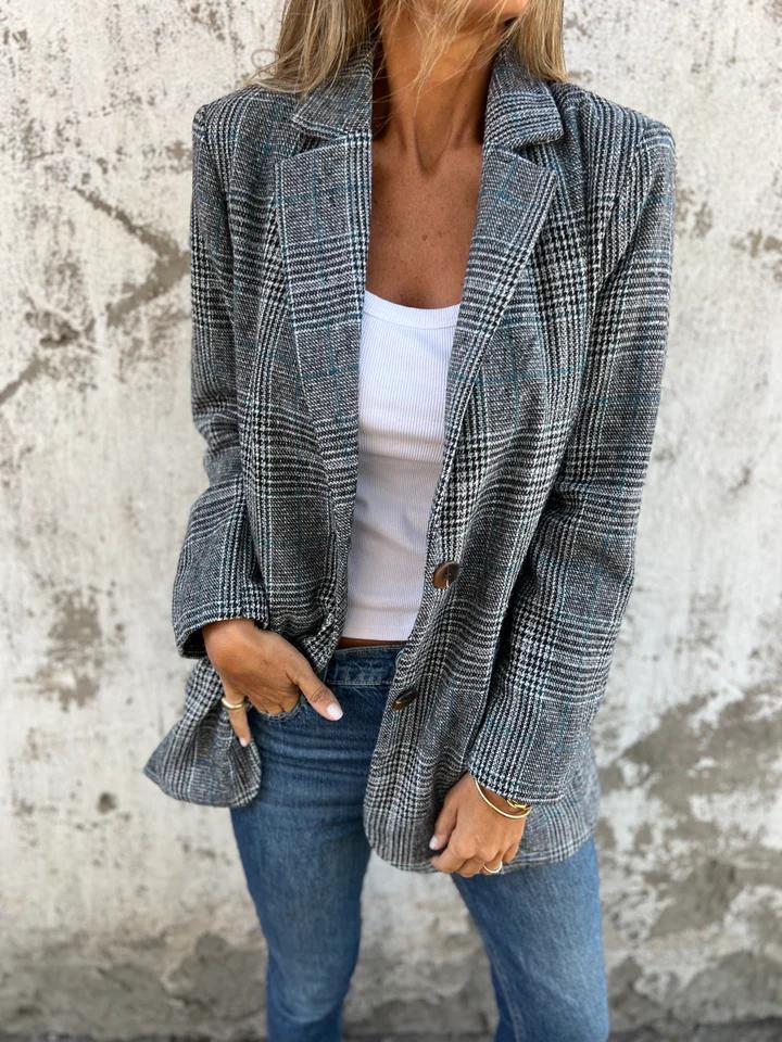 Women's Casual Plaid Cotton Blazer with Lapels and Long Sleeves | Everyday Jacket for Spring and Fall | Size S-5XL
