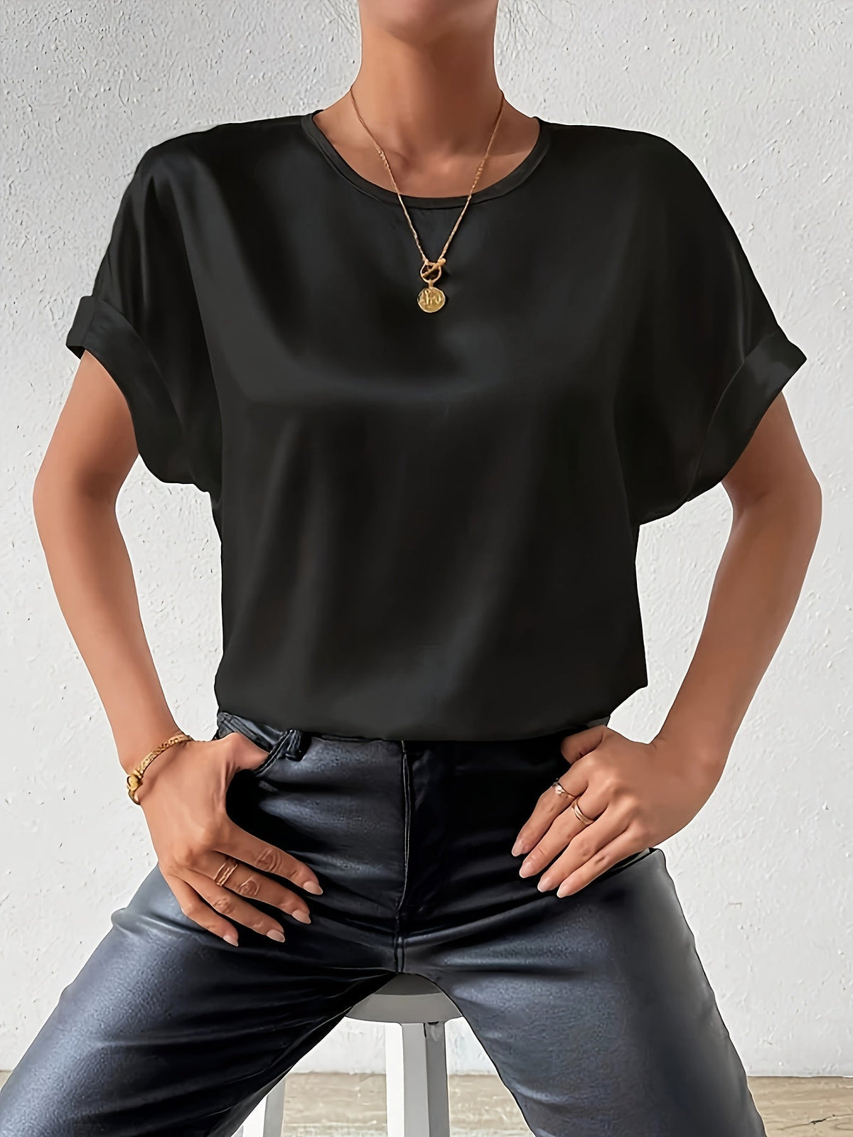Women's Short Sleeve Blouse in Satin-Finish Cotton Blend | Crew Neck, Button Back | Sizes XS to 3XL, 4 Colors