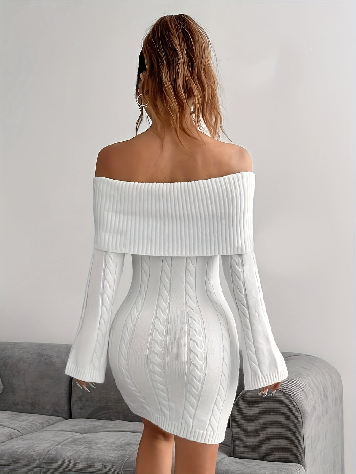 Women's Off Shoulder Knit Dress in Cable Texture | Foldover Collar and Flared Sleeves | Sizes S-2XL, 5 Colors