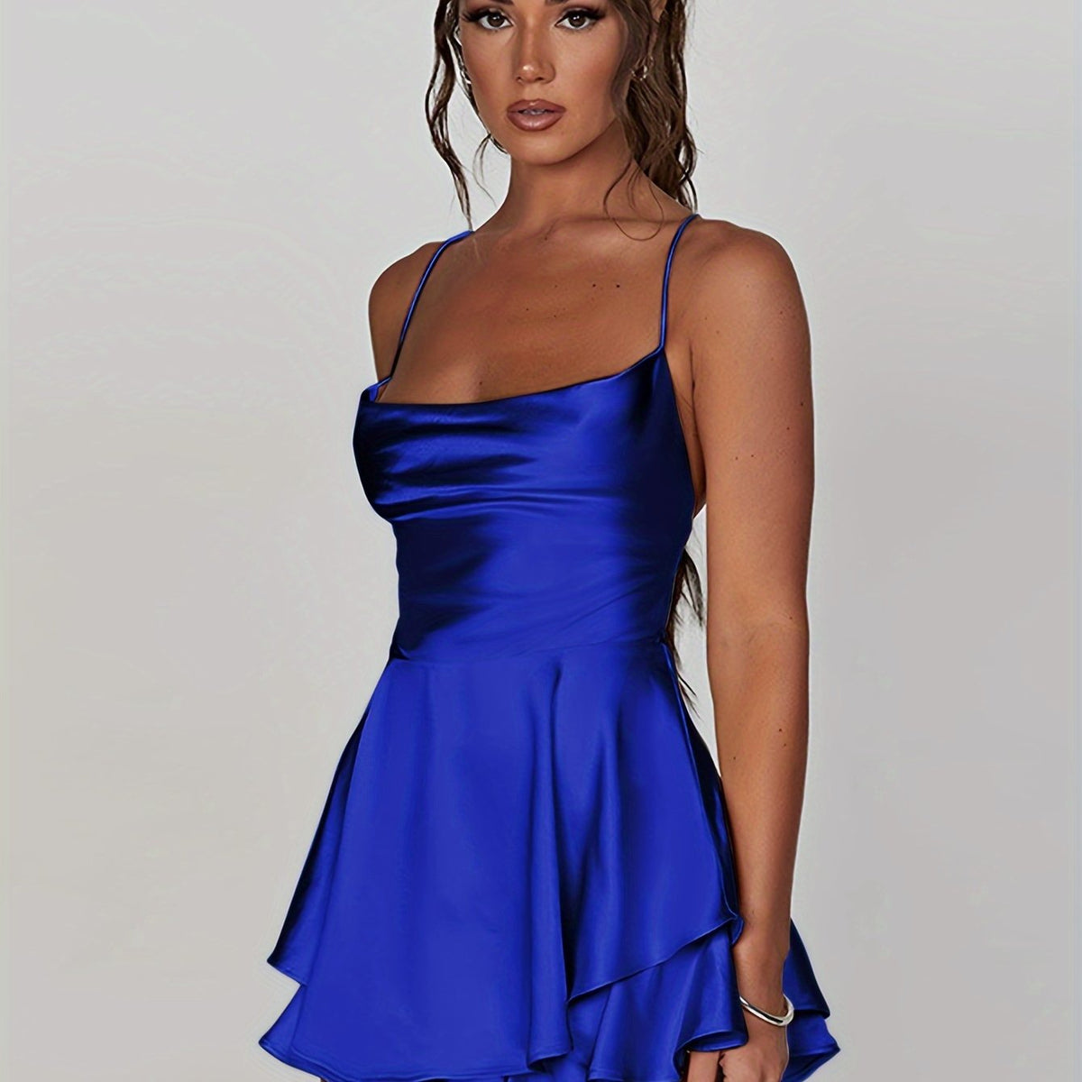 Women's Satin Mini Dress with Ruffled Skirt | Cowl Neckline, Thin Straps, Fitted Bodice | Sizes XS to XL, 10 Colors