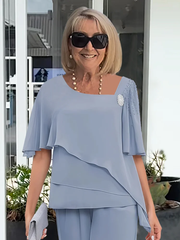Women's Summer Two Piece Set with Short Sleeves in Stretch Fabric | Breathable, Opaque Solid Outfit in Blue or Navy | Size S-3XL