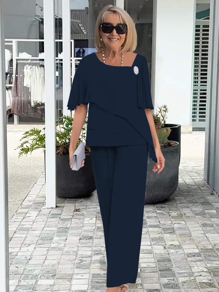 Women's Summer Two Piece Set with Short Sleeves in Stretch Fabric | Breathable, Opaque Solid Outfit in Blue or Navy | Size S-3XL