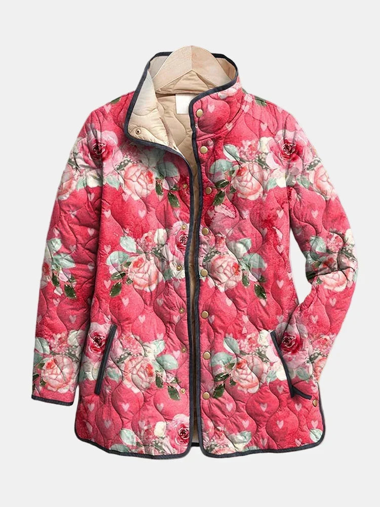 Women's Oversized Quilted Jacket with Pink Floral Print | Padded Zip Front Layer with Stand Collar | Size S-3XL