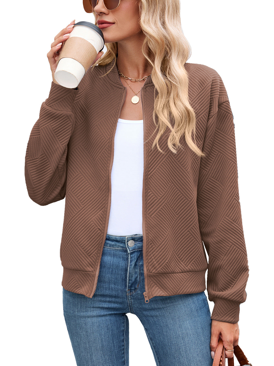Women's Quilted Bomber Jacket with Stand Collar and Zip Front | Casual Fall Layer with Side Pockets | Size S-5XL