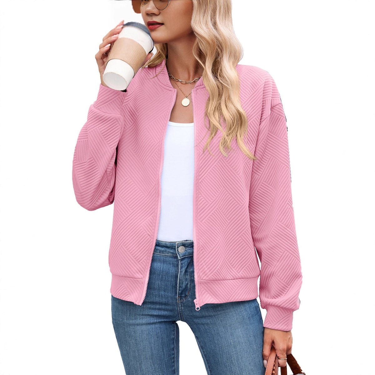Women's Quilted Bomber Jacket with Stand Collar and Zip Front | Casual Fall Layer with Side Pockets | Size S-5XL