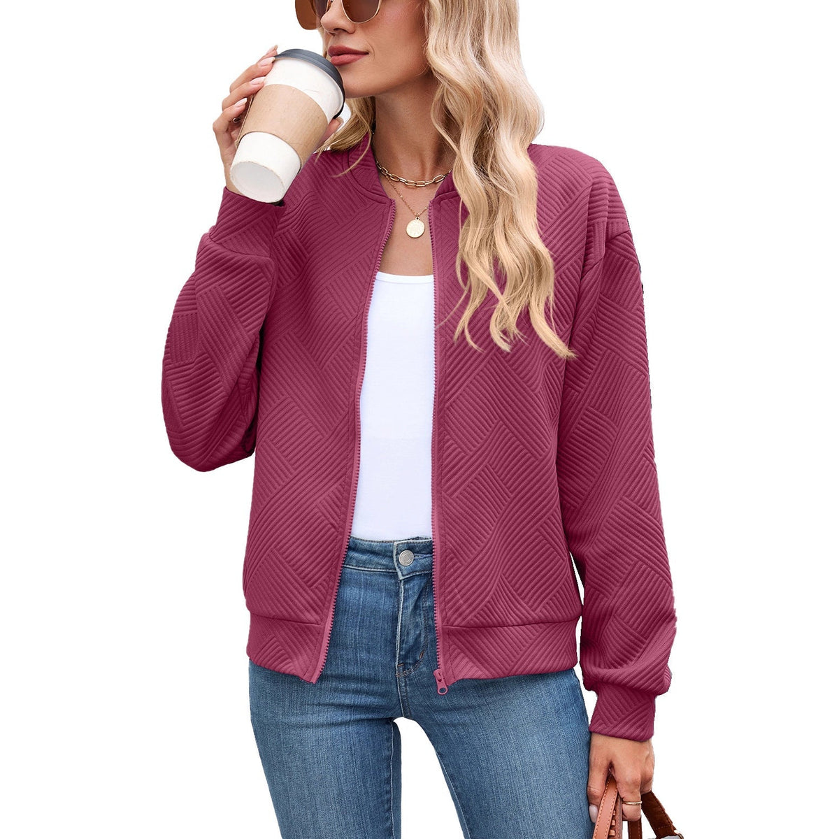 Women's Quilted Bomber Jacket with Stand Collar and Zip Front | Casual Fall Layer with Side Pockets | Size S-5XL