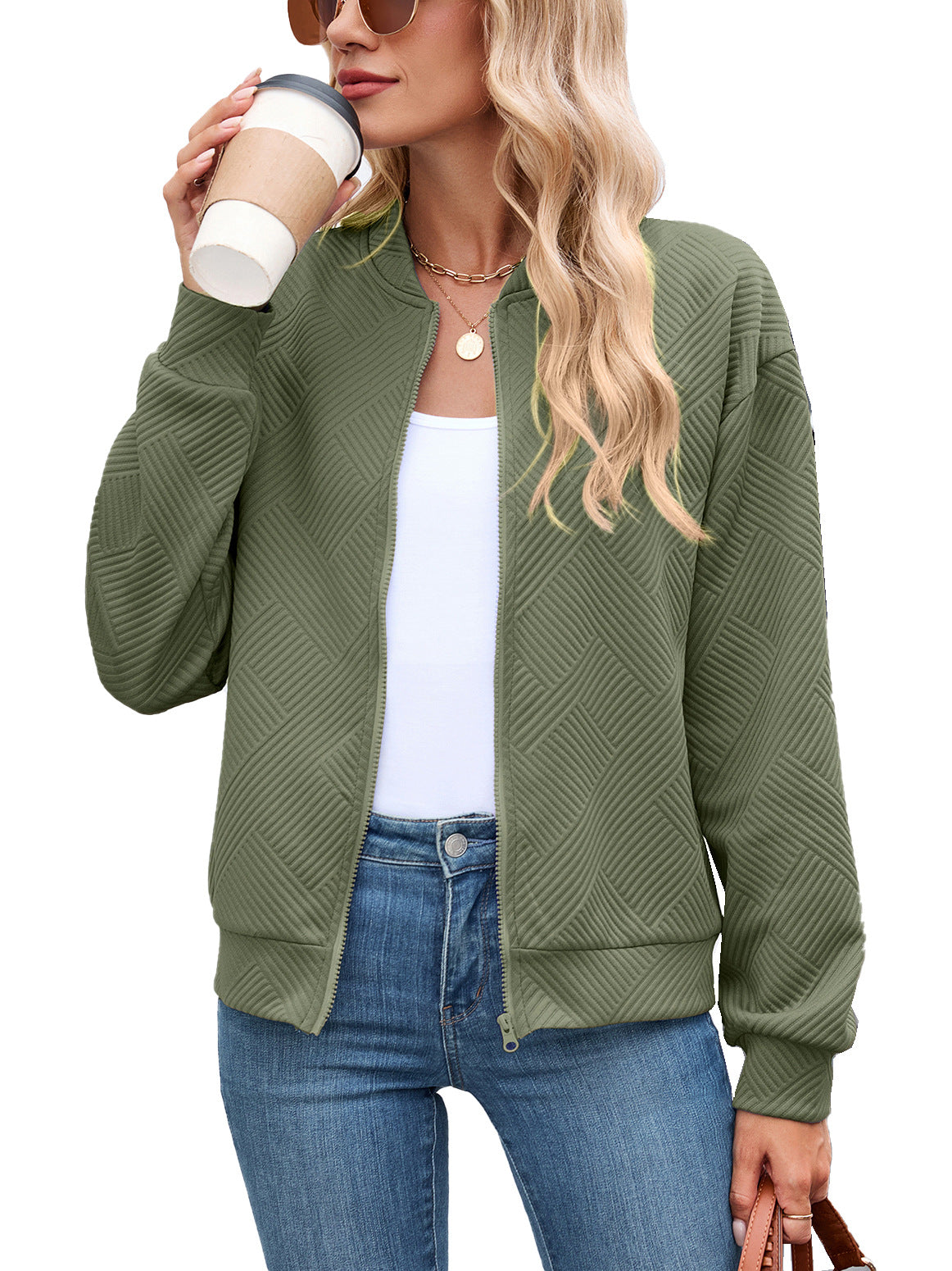 Women's Quilted Bomber Jacket with Stand Collar and Zip Front | Casual Fall Layer with Side Pockets | Size S-5XL