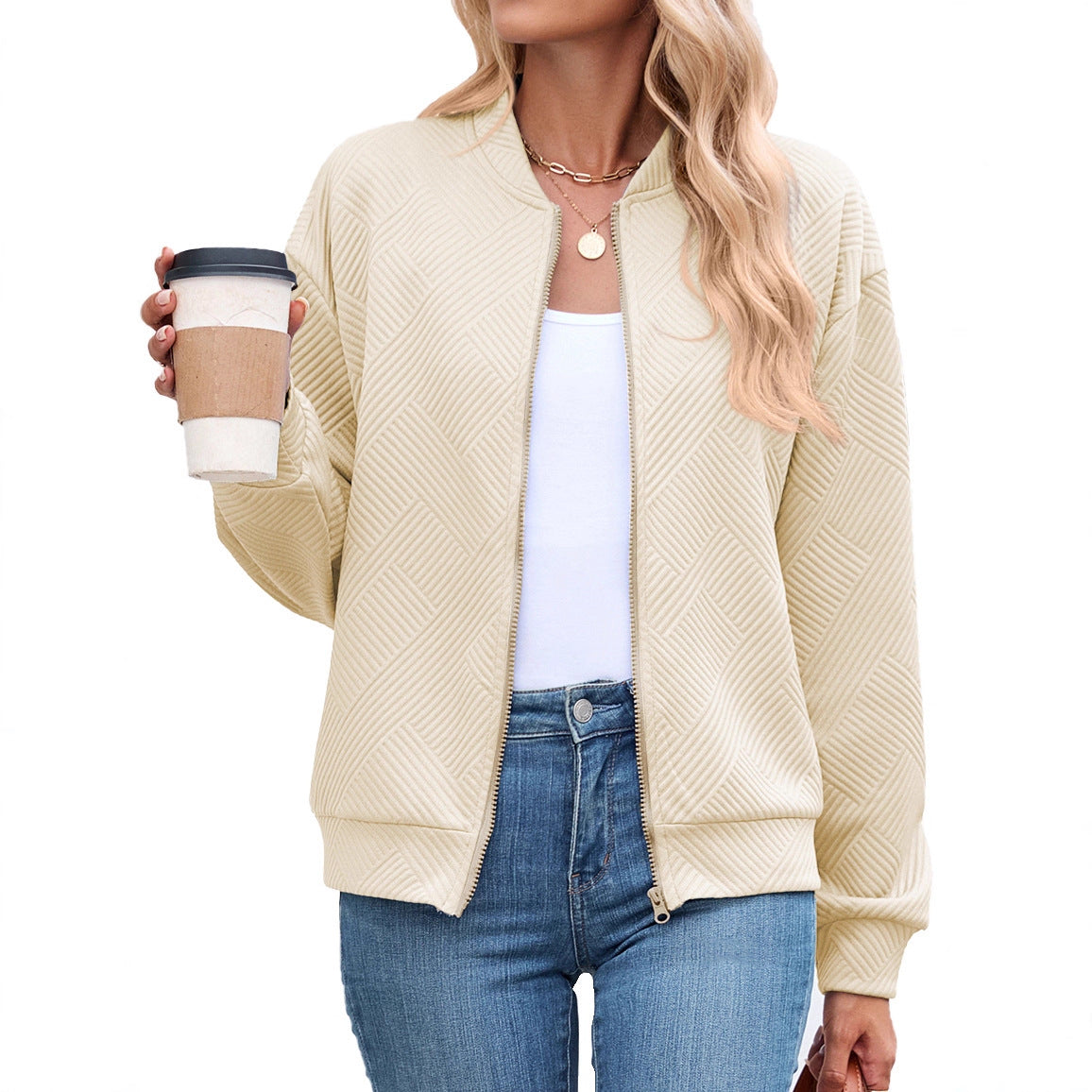 Women's Quilted Bomber Jacket with Stand Collar and Zip Front | Casual Fall Layer with Side Pockets | Size S-5XL