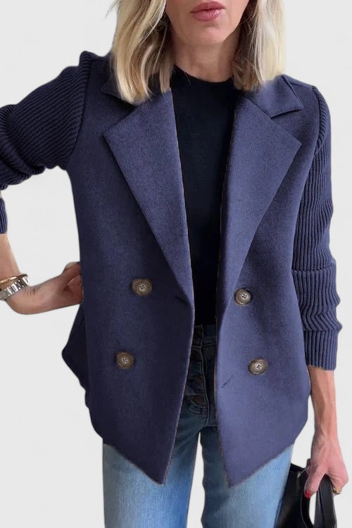 Women's Double-Breasted Tailored Blazer with Soft Contrast Sleeves | Fitted Ladies Jacket for Casual and Dressy Looks | Size XS-3XL