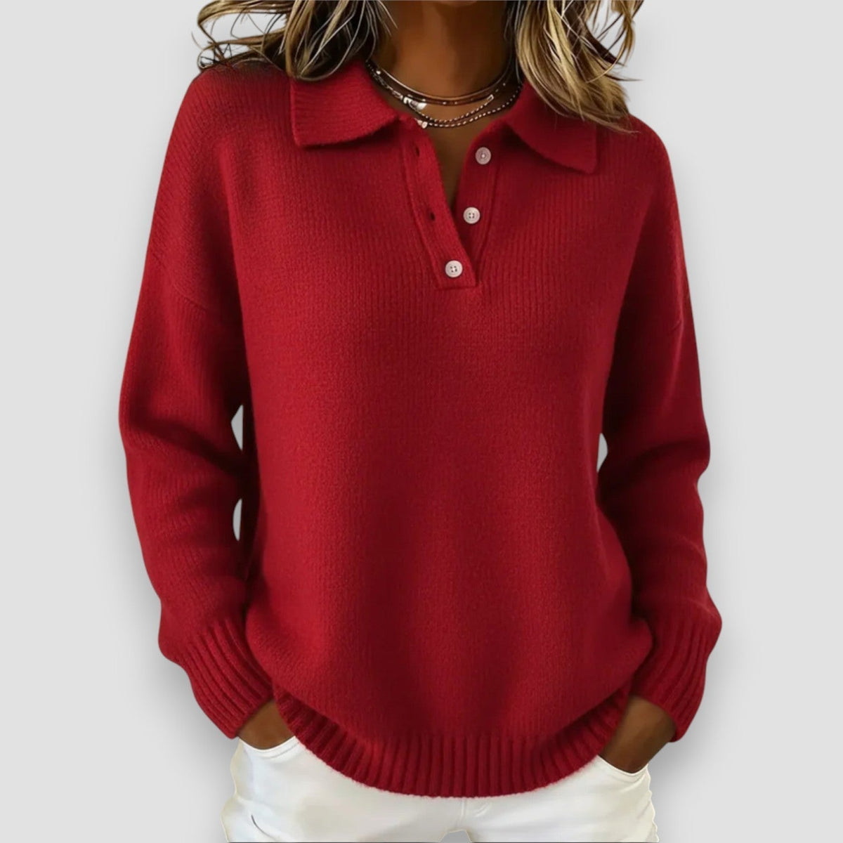 Women's Polo Sweater with Buttoned Neck | Ribbed Cuffs and Hem, Relaxed Knit Fit for Cold Months | Size S-5XL, 5 Colors