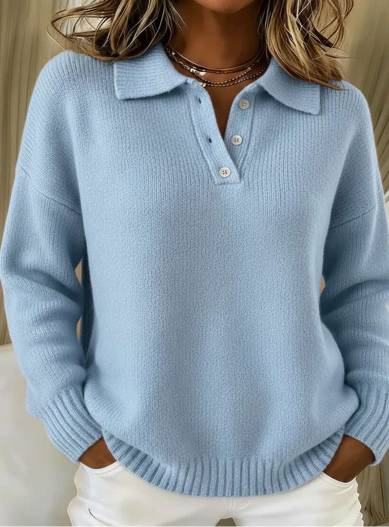 Women's Polo Sweater with Buttoned Neck | Ribbed Cuffs and Hem, Relaxed Knit Fit for Cold Months | Size S-5XL, 5 Colors