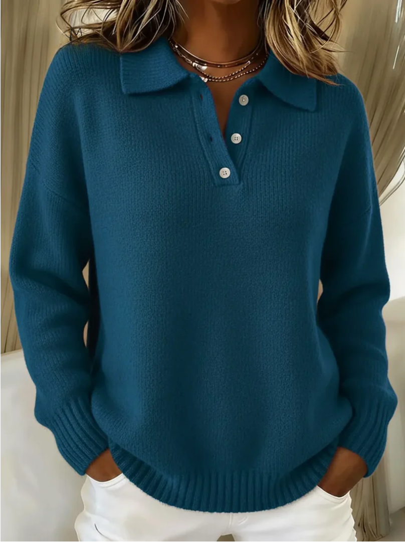 Women's Polo Sweater with Buttoned Neck | Ribbed Cuffs and Hem, Relaxed Knit Fit for Cold Months | Size S-5XL, 5 Colors