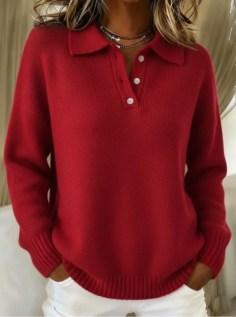 Women's Polo Sweater with Buttoned Neck | Ribbed Cuffs and Hem, Relaxed Knit Fit for Cold Months | Size S-5XL, 5 Colors