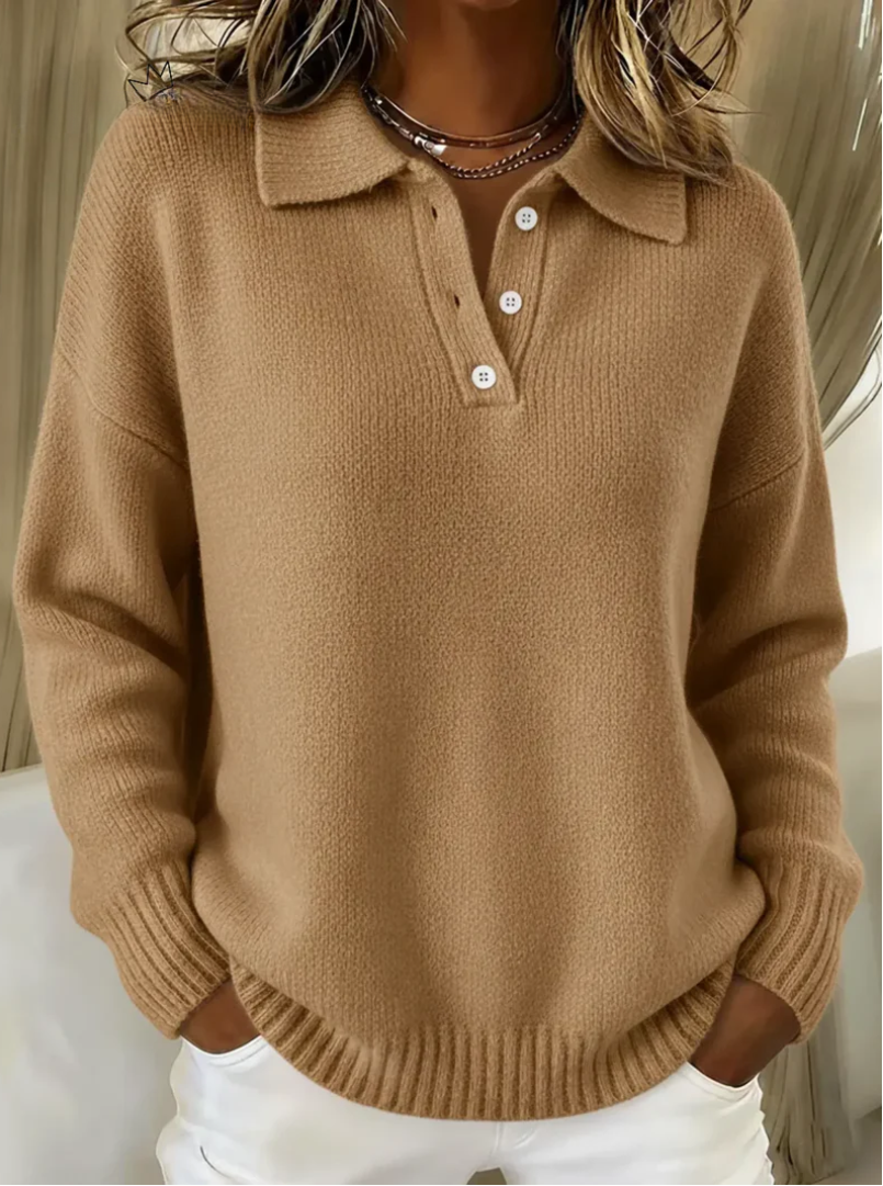 Women's Polo Sweater with Buttoned Neck | Ribbed Cuffs and Hem, Relaxed Knit Fit for Cold Months | Size S-5XL, 5 Colors