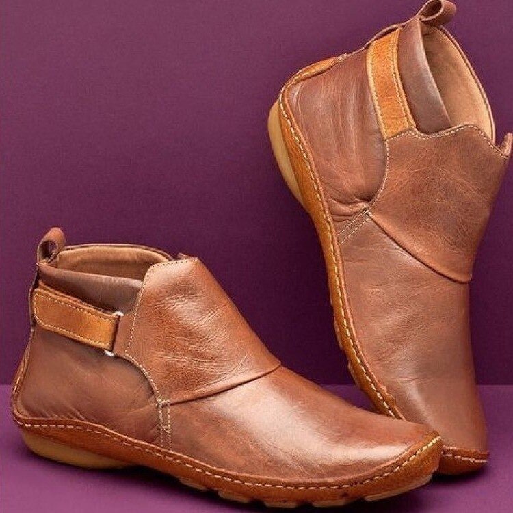 Women's Leather Ankle Boots with Adjustable Buckle | Flat Flexible Sole, Pull Tab at Back | Size 5.5-10.5, 5 Colors