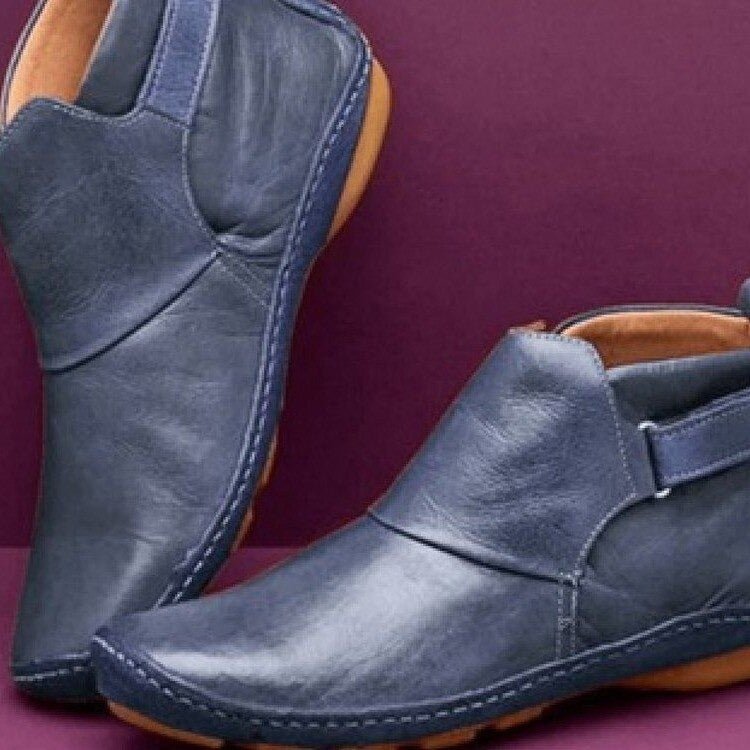 Women's Leather Ankle Boots with Adjustable Buckle | Flat Flexible Sole, Pull Tab at Back | Size 5.5-10.5, 5 Colors