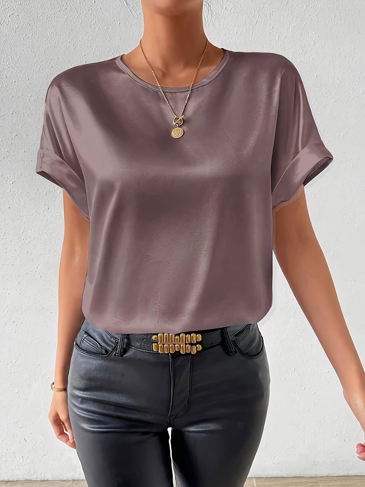 Women's Short Sleeve Blouse in Satin-Finish Cotton Blend | Crew Neck, Button Back | Sizes XS to 3XL, 4 Colors