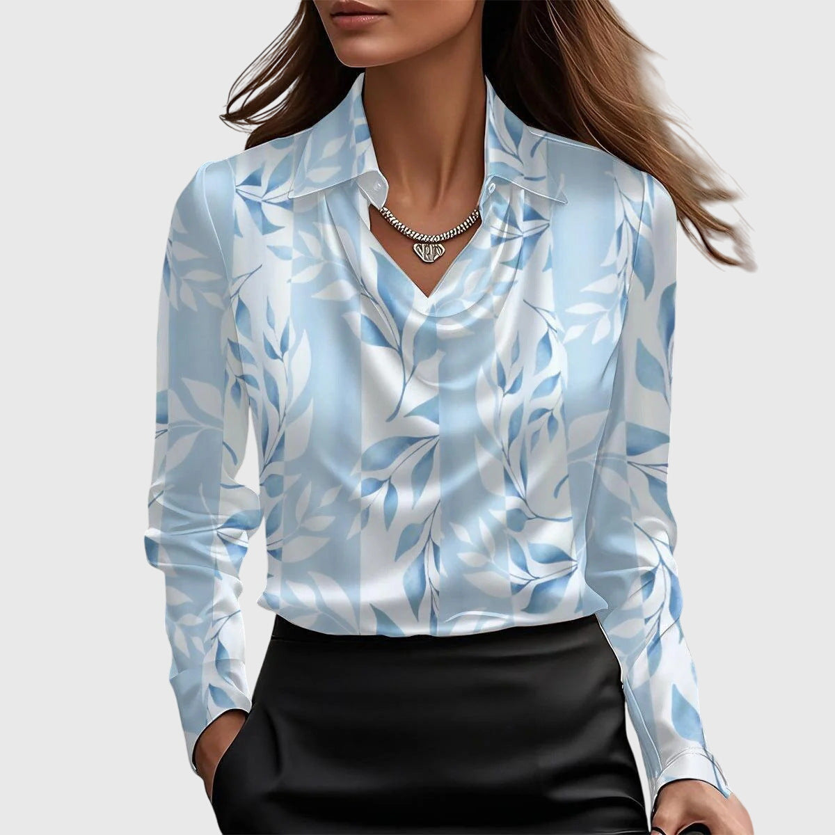 Women's Draped Blouse with Pleated Neckline and Subtle Shine | Flowy Dressy Top, Relaxed Fit | Size XS-3XL