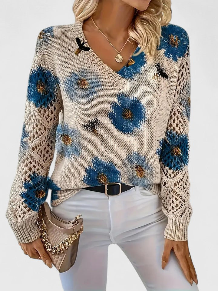 Women's Floral Knit Cardigan with V-Neck and Open Lattice Sleeves | Hip-Length Layering Sweater | Size S-2XL