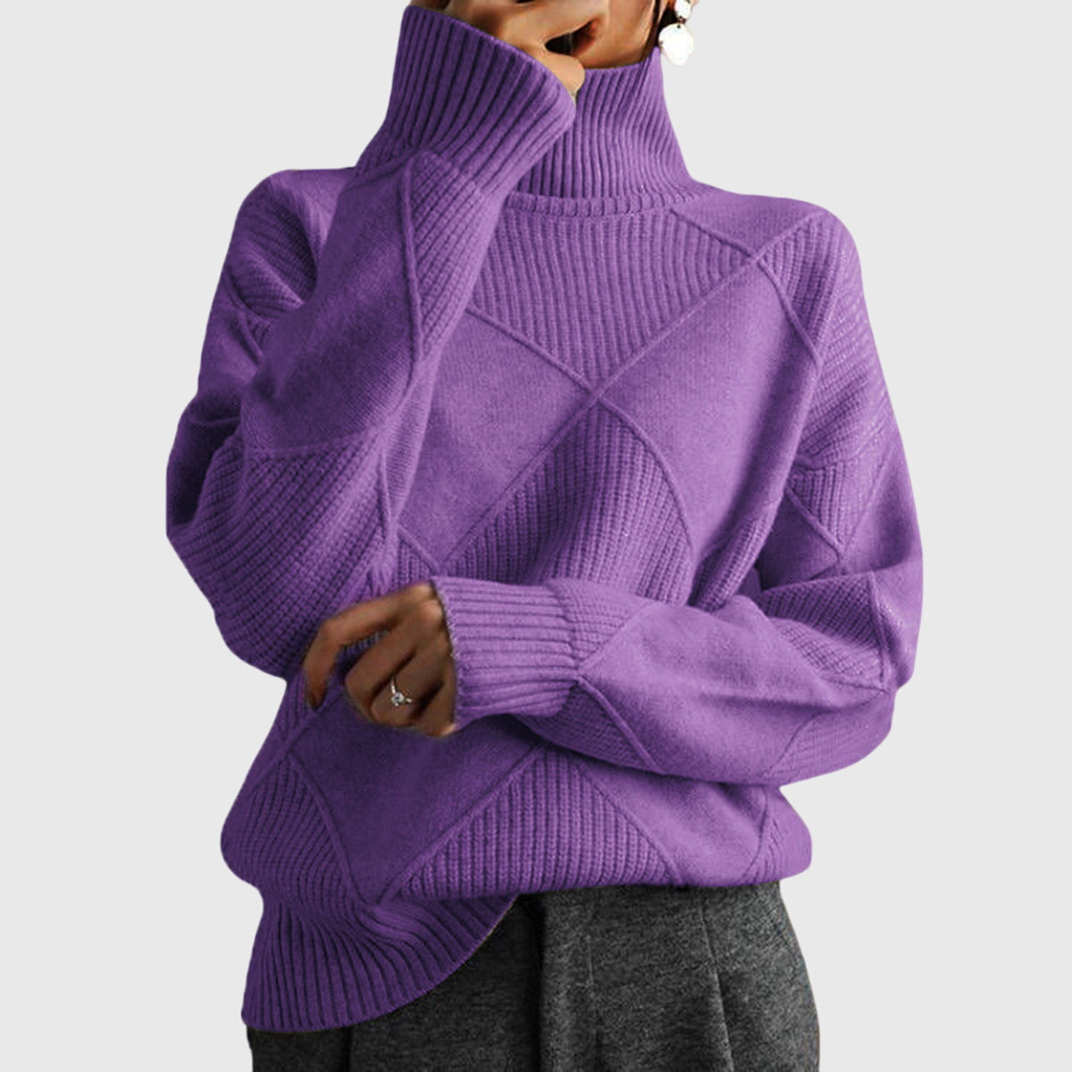 Women's Turtleneck Sweater with Knit | Size S-2XL | Pink, Purple, Yellow, Green, Grey, Black