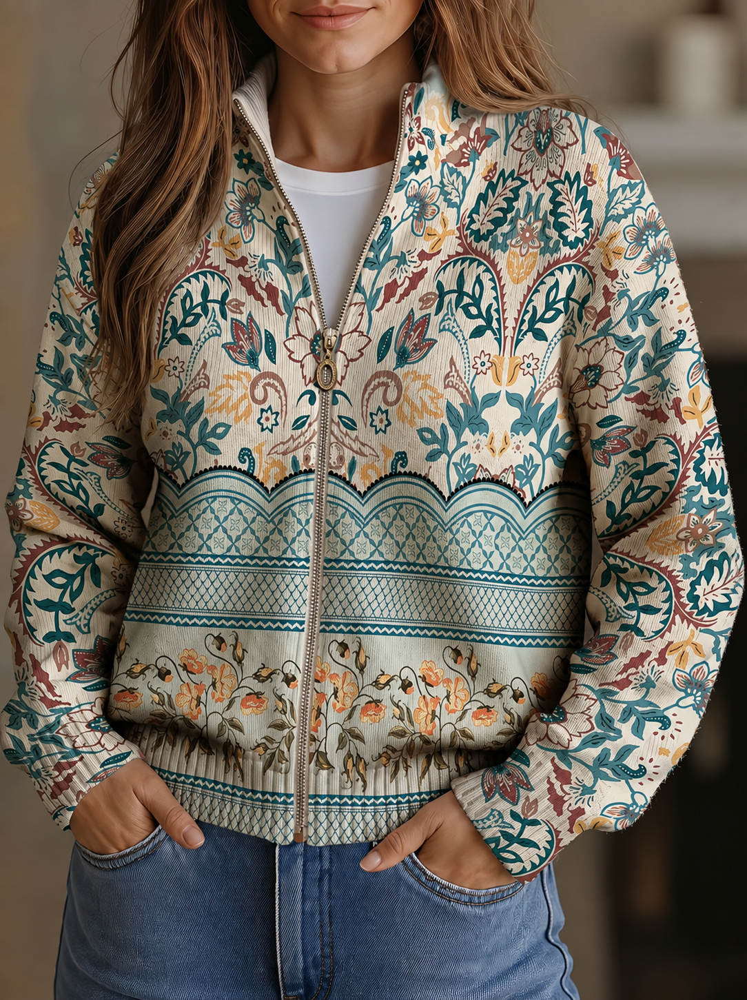 Women's Lightweight Floral Cardigan with Stand Collar and Full Zip | Relaxed Fit, Wavy Hem, Breathable Knit | Size S-3XL