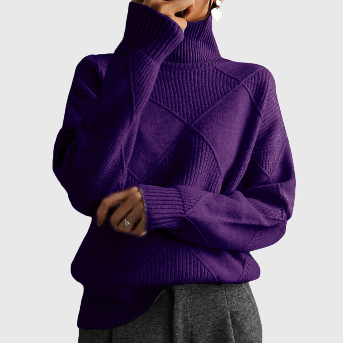 Women's Turtleneck Sweater with Knit | Size S-2XL | Pink, Purple, Yellow, Green, Grey, Black